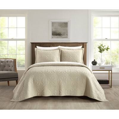 NY&C Home Babe 3 Piece Stone Washed Cotton Shell With Stitched Geometric Floral Pattern Quilt Set