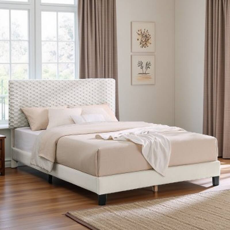 Twin Size Plush 3D Upholstered Platform Bed in White Dove with Adjustable Headboard and Sturdy Plywood Frame - Queen White - Queen