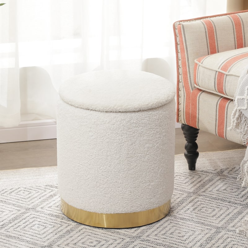 Adeco Velvet Round Storage Stool Gold Plating Base Storage Ottoman