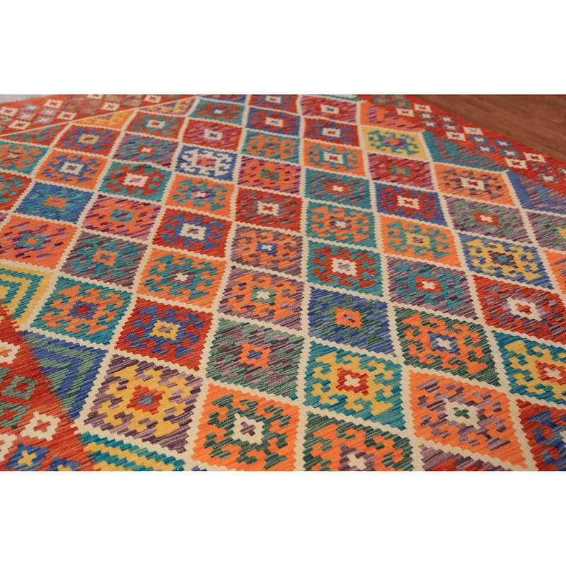 Geometric Kilim Reversible Area Rug Flatweave Orange Wool Carpet - 8'0"x 11'2"