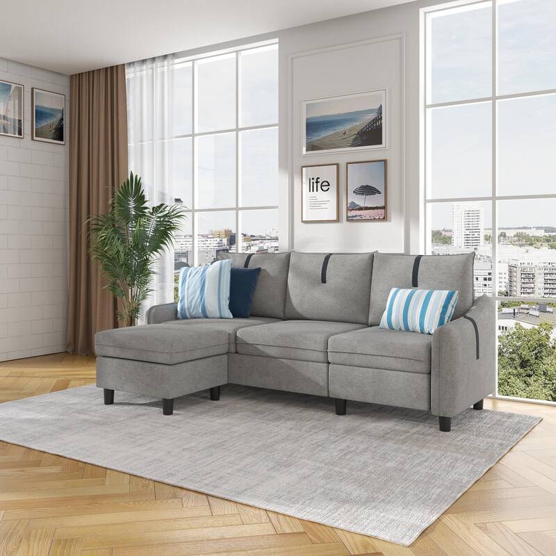 Sectional Sofa with Reversible Ottoman for Living Room - Light Grey