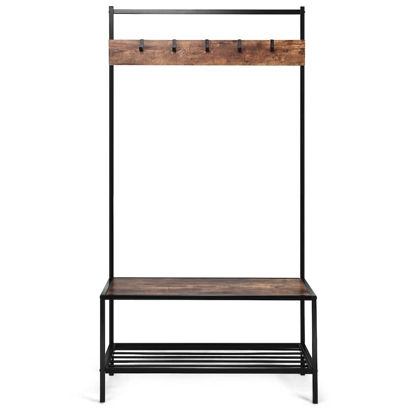 COSTWAY 3 in 1 Industrial Coat Rack Shoe Bench Entryway Hall Tree - 35.5'' x 16'' x 67'' (LxWxH)