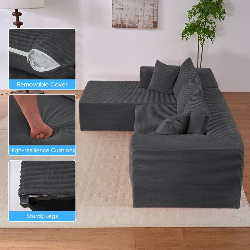 Mixoy Modern 113''Minimalist 2-Piece Corduroy Modular Chaise Sectional Sofa Deep Seat,L-Shaped Upholstered Couch With Chaise