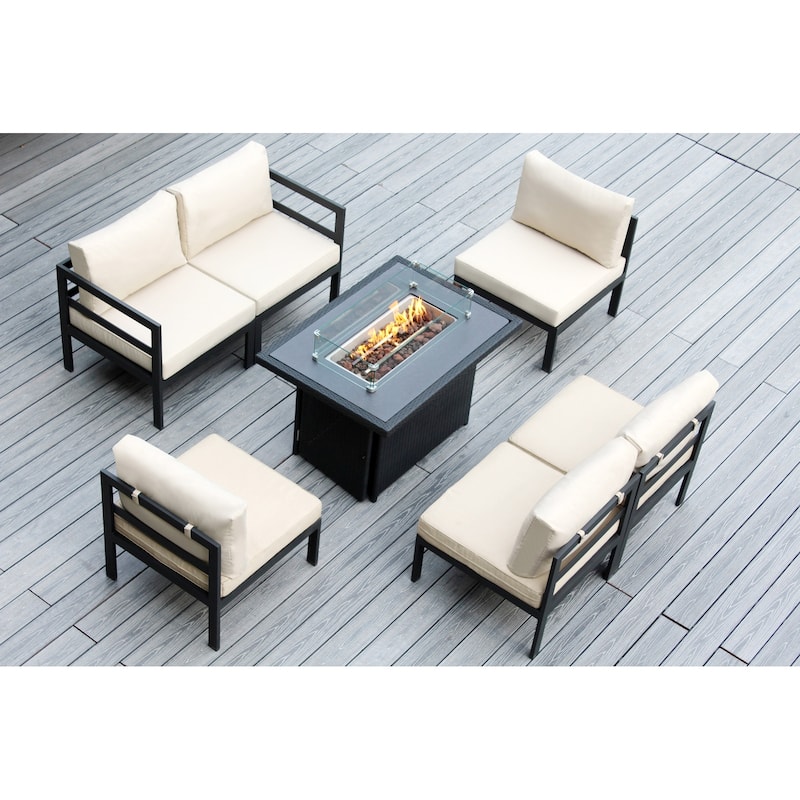 Ohana Outdoor 7-pc. Cushioned Aluminum Sectional with 42" Fire Table - Supercrylic Beige