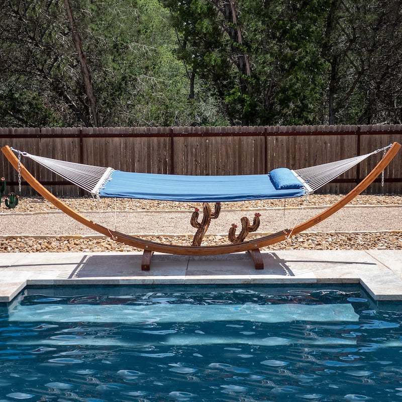 2 Person Large Quilted Hammock with 13.5 Ft Wooden Arc Hammock Stand - Solid Blue
