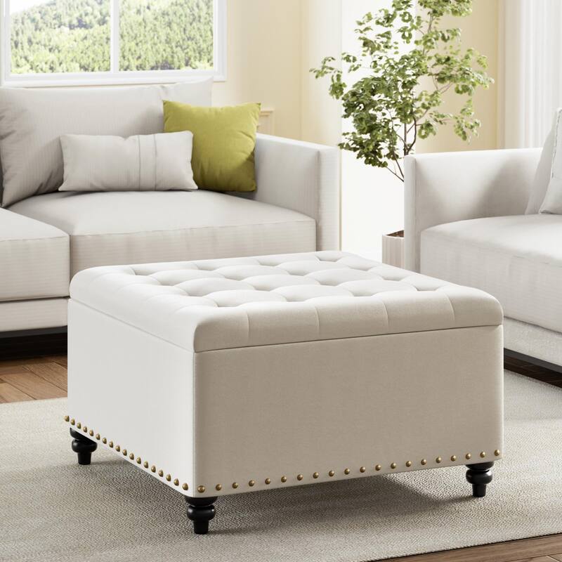 Large Square Storage Ottoman for Living Room - Beige
