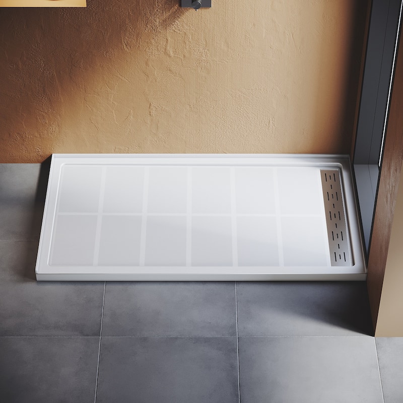 Elegant Rectangular SMC Shower Base 60" L x 32" W x 4" H Right Drain in White with Cover Single Threshold Anti-slip Shower Pan