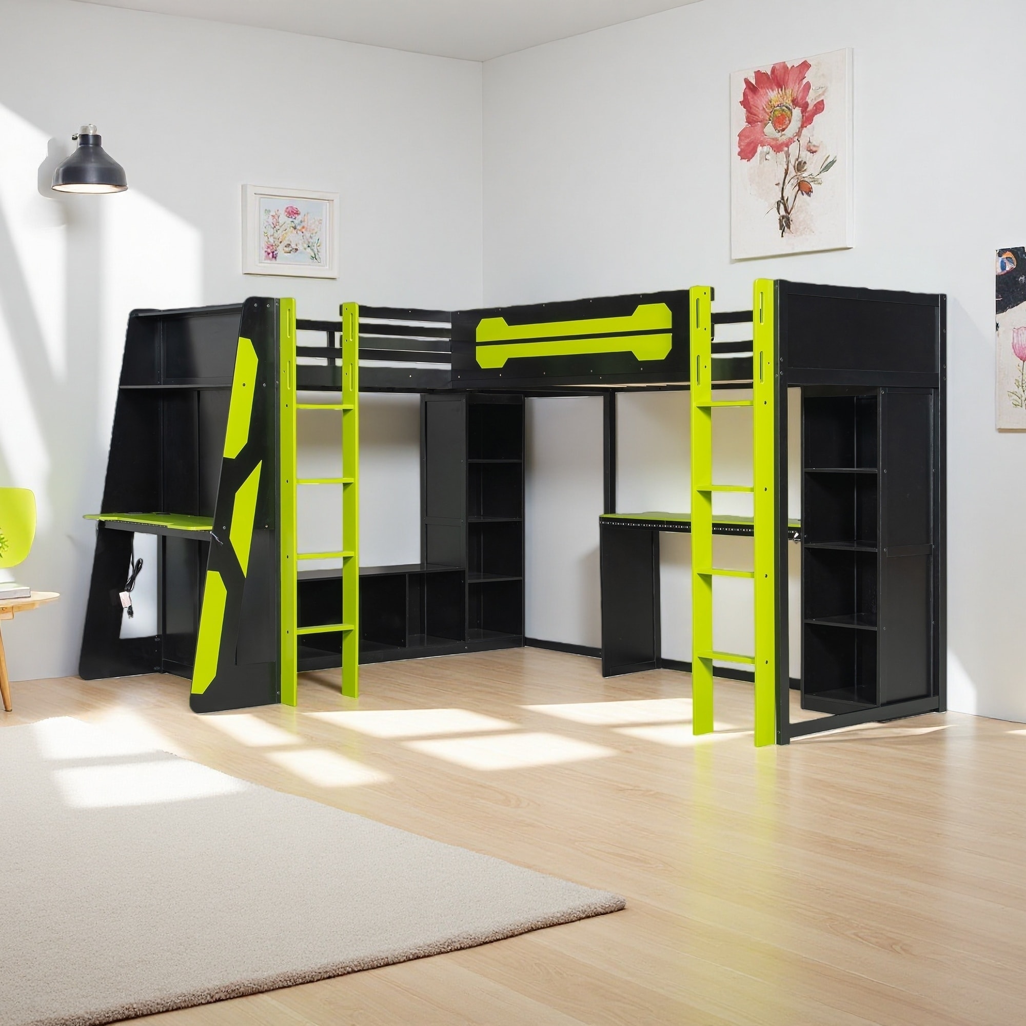 Twin Size L-Shaped Solid Wood Gaming Bunk Bed with RGB LED Lights, Dual Twin Beds, USB Ports, TV Stand & Storage Shelves