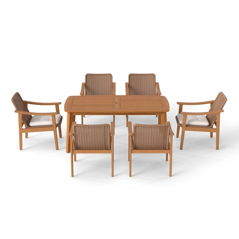 Outdoor Acacia Wood Dining Set with PE Wicker Rattan Dining Chairs And Table with Umbrella Hole 7-Piece Weather-resistant Set