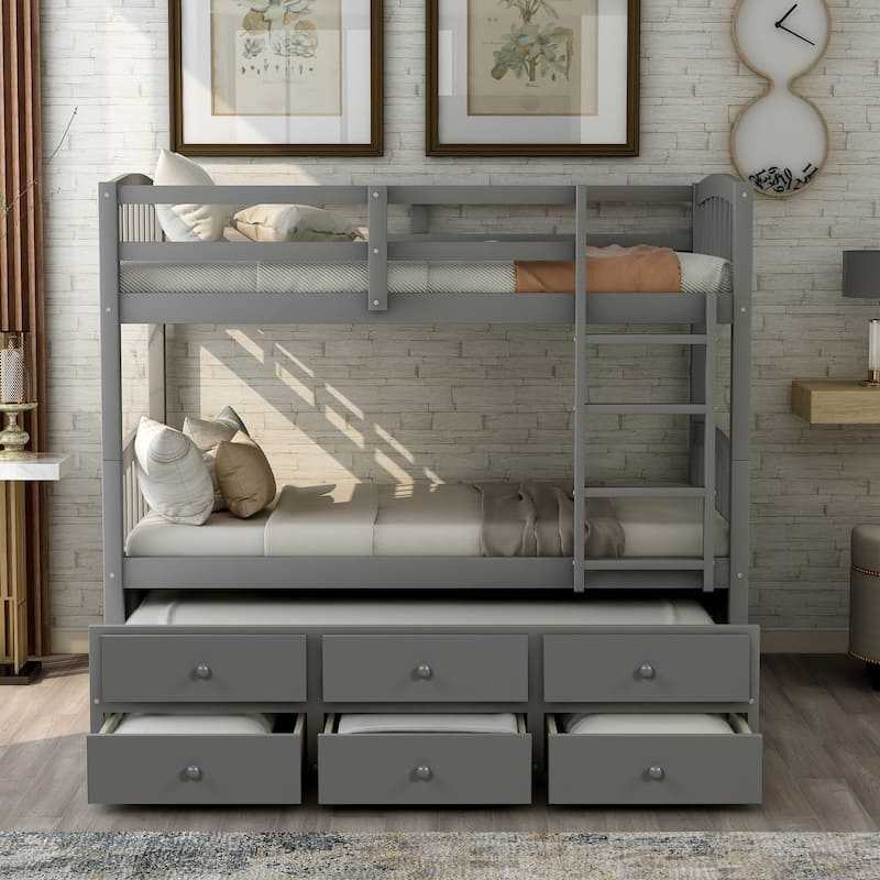 Twin Bunk Bed with Ladder, Safety Rail, and Trundle with 3 Drawers for Bedroom or Guest Room