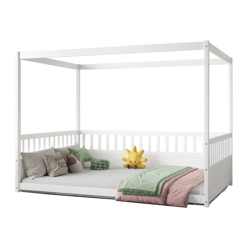 Full Size Canopy Bed Frame with Guardrails for Kids, White Wooden Montessori Floor Bed
