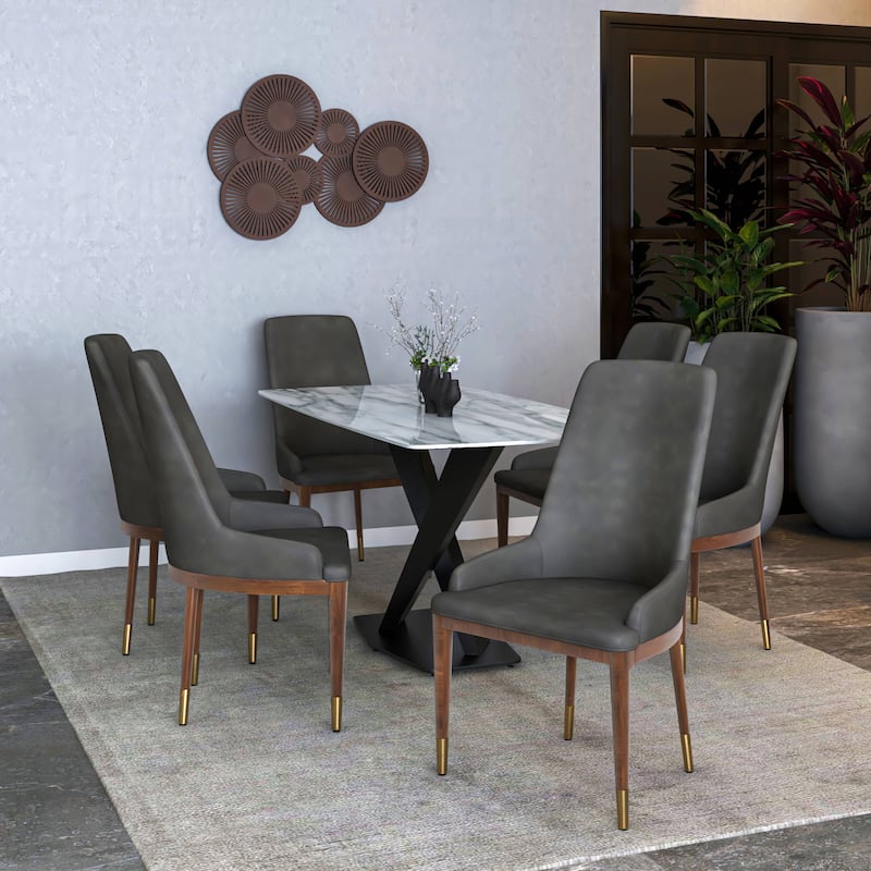 Dining Chair Upholstered in Leather with Rubberwood Frame Set of 4 Side Chair High Back and Gold Accent Legs