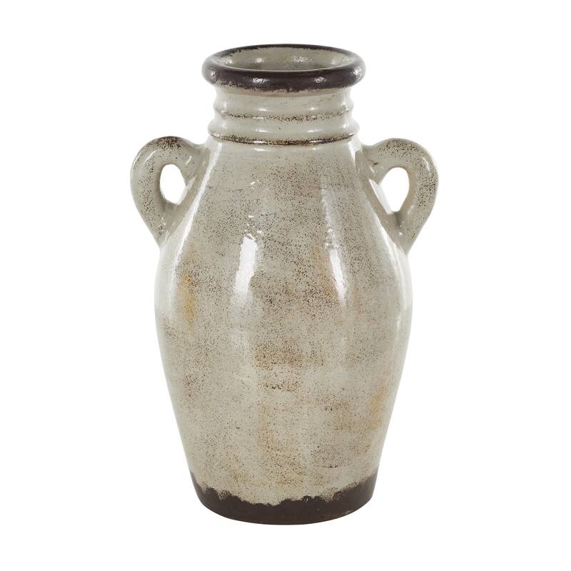 Ceramic Antique Amphora Decorative Vase with Speckled Texturing and Yellow and Brown Accents - Cream - Roche River Decor