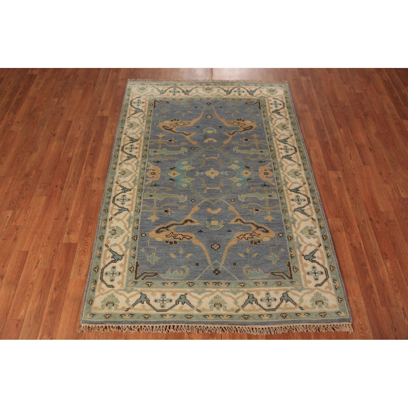 Light Blue Oushak Oriental Rug Handmade Wool Carpet - 4'2"x 5'11"