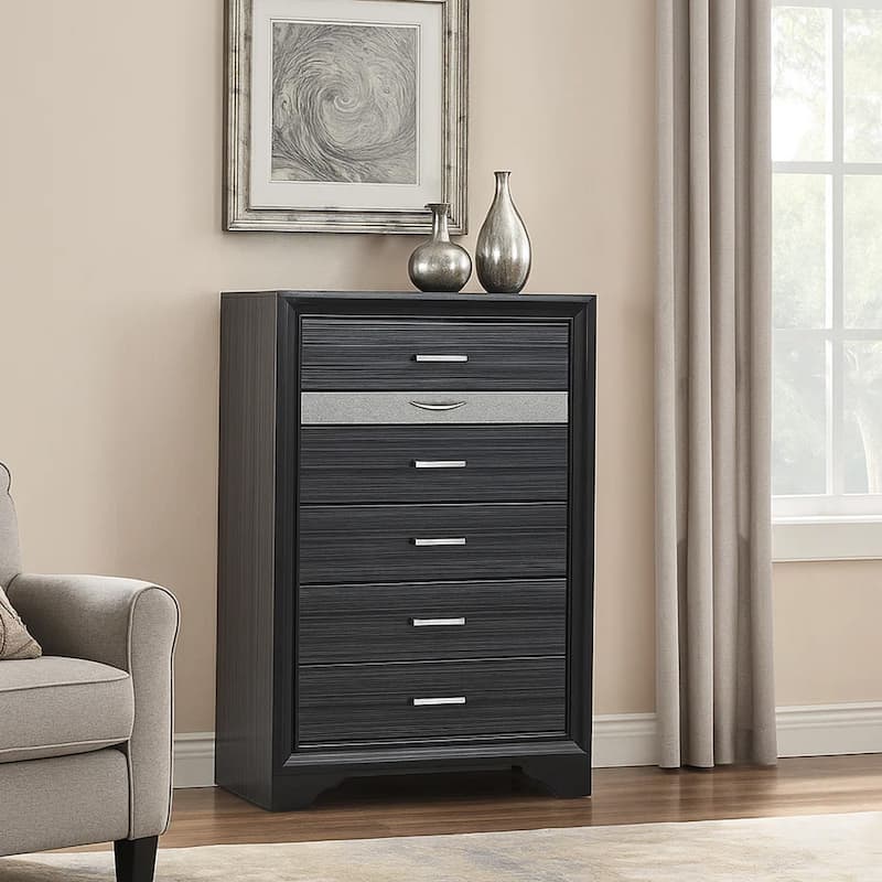 Two Tone Wooden Chest With Six Drawers, Black And Silver