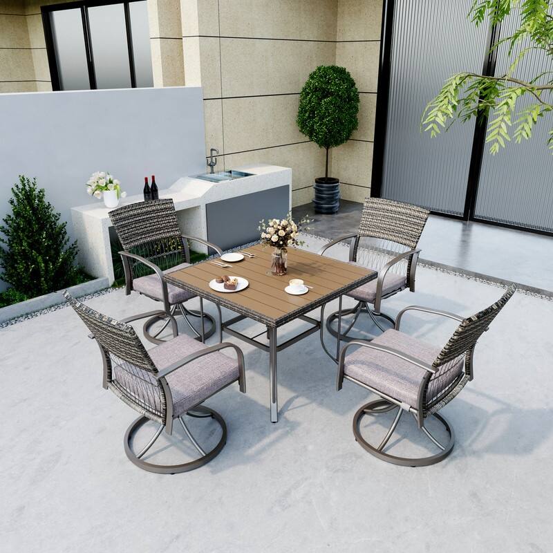 5-Piece Metal Patio Outdoor Dining Set with Square Table and Rattan Swivel Chairs with Cushion