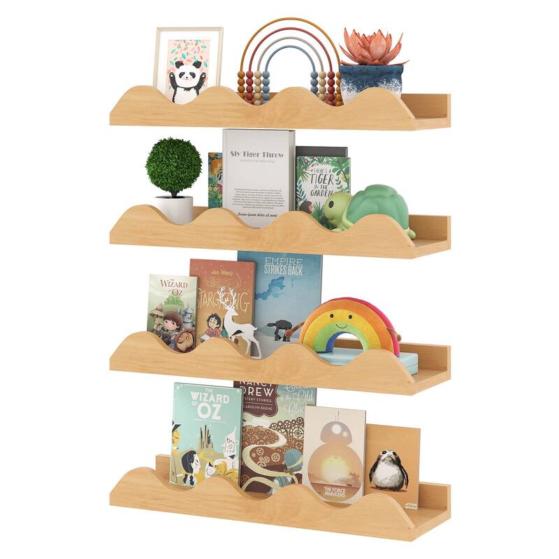 Costway Kids Bookshelf Set of 4 with Fir Wood Structure & Wavy - See Details - Natural - See Details