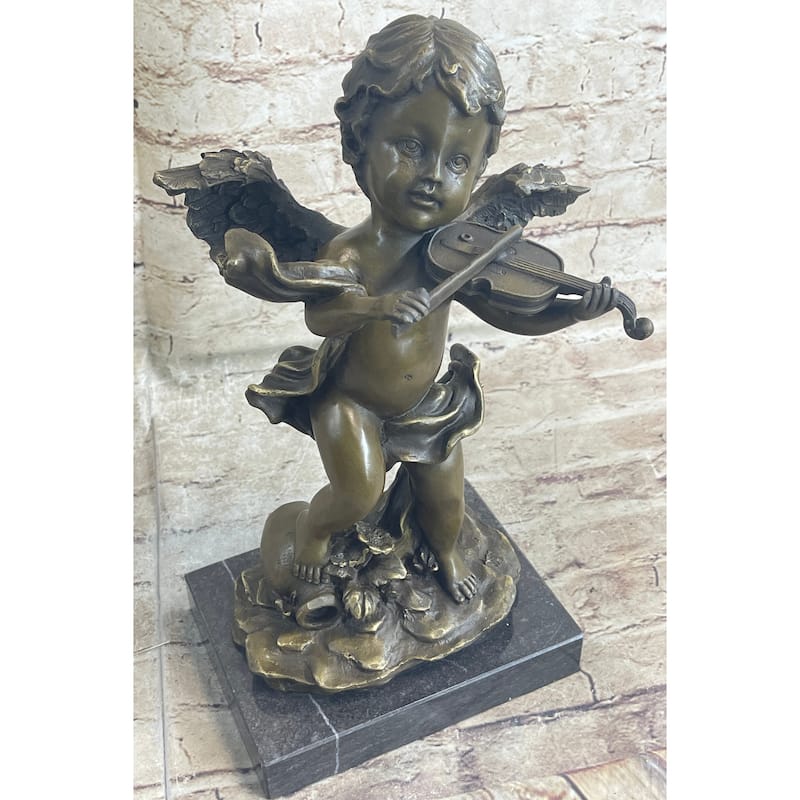 Cherub Child Angel Playing Violin Bronze Metal Statue Sculpture Memorial Decor Marble Base