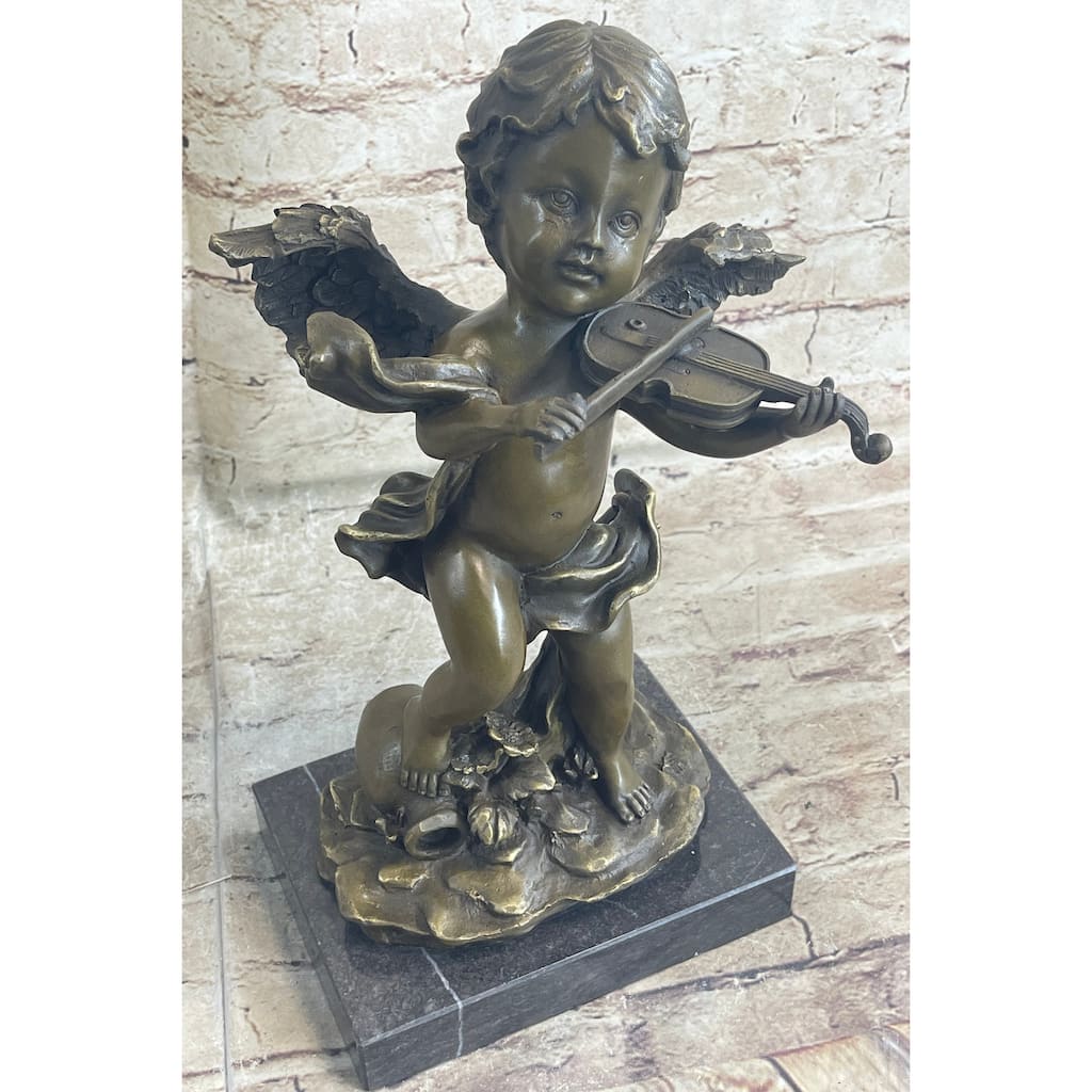 Cherub Child Angel Playing Violin Bronze Metal Statue Sculpture Memorial Decor Marble Base