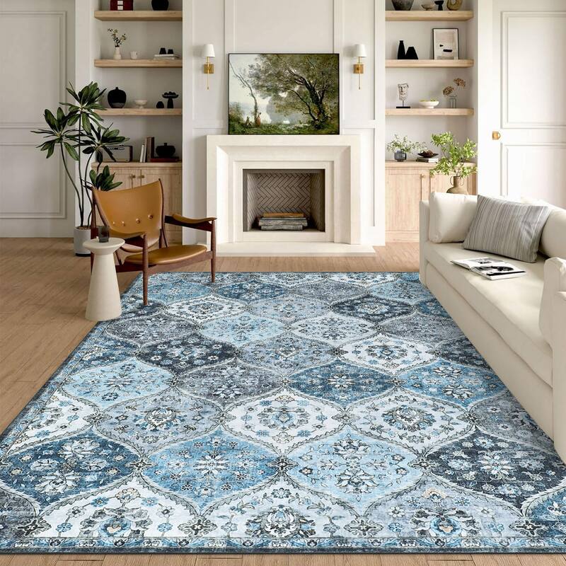 Rugs for Living Room Vintage Oriental Trellis Area Rug Soft Non Slip Low Pile Accent Rugs for Dining Room Office