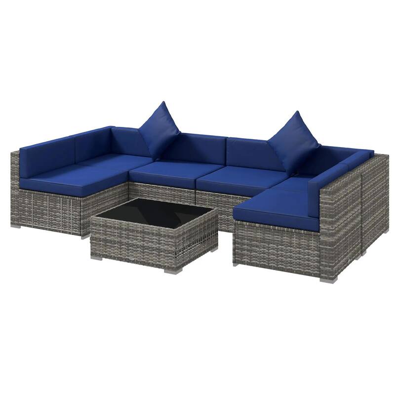 7PCS Patio Sectional,PE Rattan Sofa Coffee Table,Pillows,All Weather