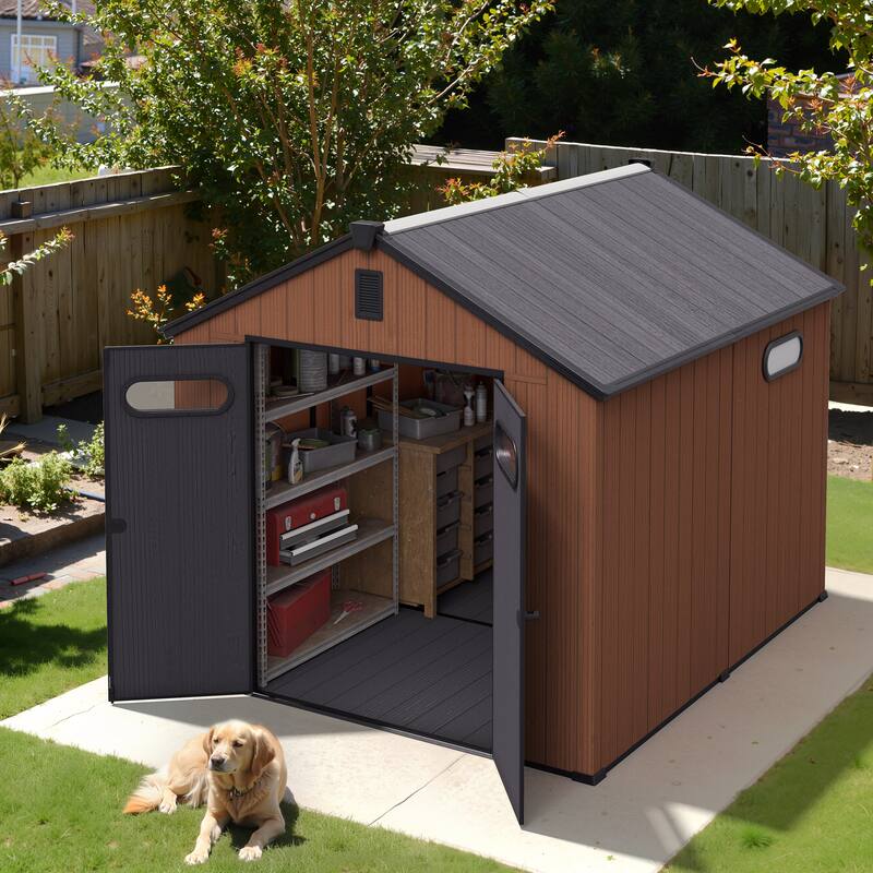 All-Weather Lockable Resin Outdoor Storage Shed with Window Floor for Patio Furniture and Tools