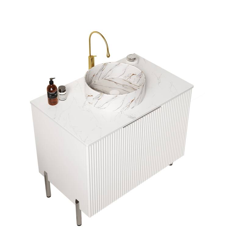 30" Bathroom Vanity with Sink, Freestanding Bathroom Storage Cabinet with 2 Doors, White Round Ceramic Basin with Stone Pattern