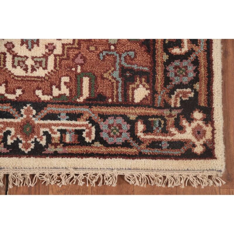 Geometric Beige Heriz Serapi Runner Rug Hand-Knotted Wool Carpet - 2'7"x 7'11"