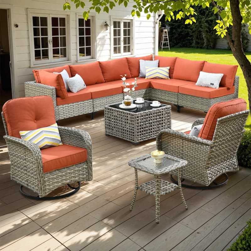 XIZZI 10-piece Patio Furniture Wicker Sectional Set with Swivel Chair - Red