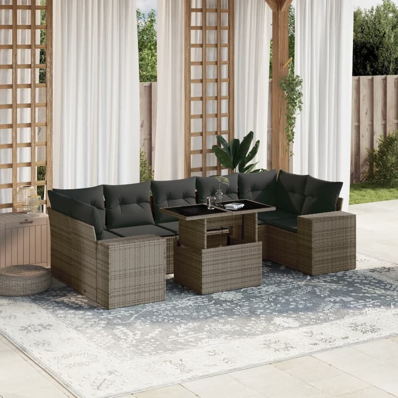 vidaXL Patio Sofa Set with Cushions Outdoor Furniture 8 Piece Poly Rattan - 24.4 x 24.4 x 27.2 - Grey-without storage