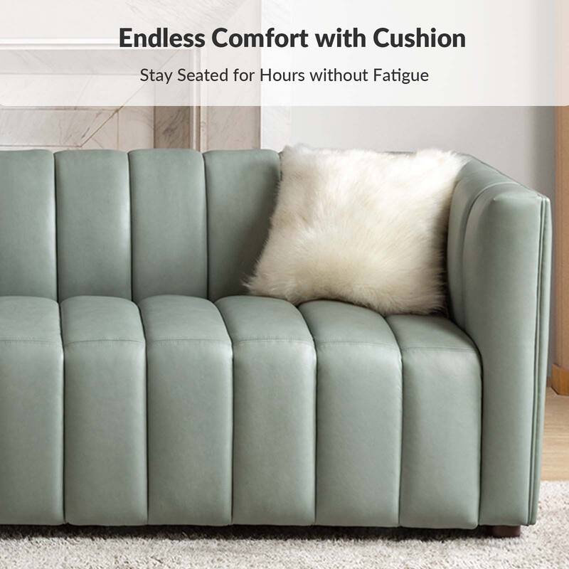 Olinto Modern 83''W Genuine Leather Tufted Couch Sofa with Channel Back and Solid Wood Legs by HULALA HOME