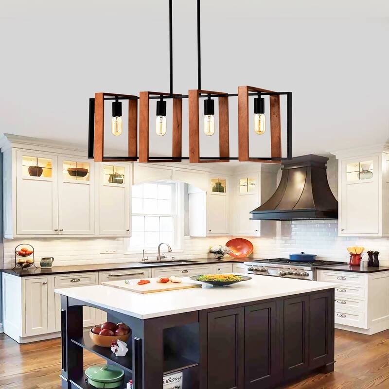 Farmhouse Rectangular Chandelier 4-Light Kitchen Island Lights Hanging Crystal Chandelier, for Dining Room and Living Room