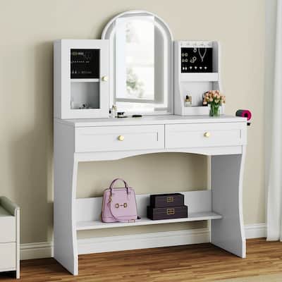 Moasis 35.5-inch Makeup Vanity Desk with Arc-Shaped Mirror and Power Outlets
