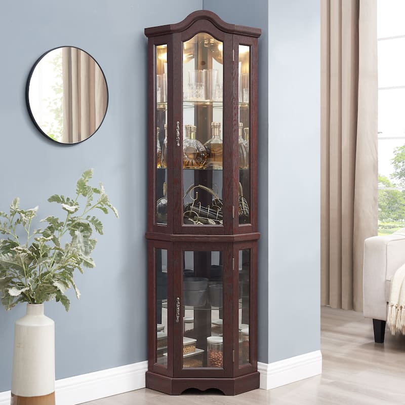 Lighted Glass Display Curio Cabinet, Curved Wood Corner Cabinet, China Cabinet with Tempered Glass Doors & Shelves