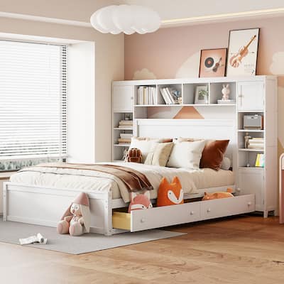 Queen Size Wooden Bed With All-in-One Cabinet, Shelf and Sockets, White