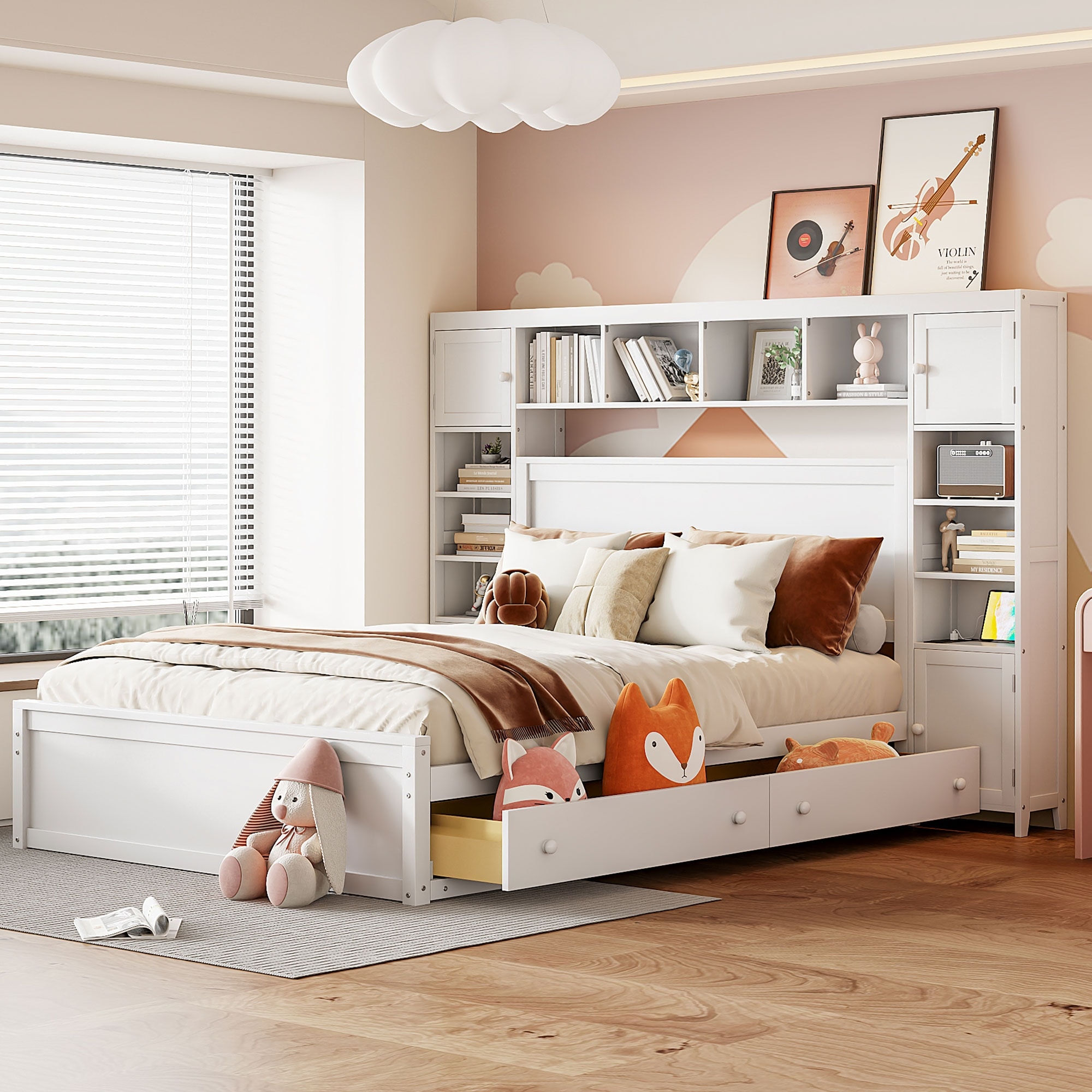 Queen Storage Bed with Bookcase Headboard Queen Size Platform Bed with 4 Storage Drawers Sockets No Box Spring Needed White