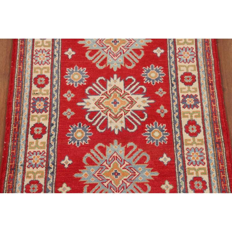 Geometric Red Kazak Foyer Rug Hand-Knotted Oriental Wool Carpet - 2'7" x 4'3"