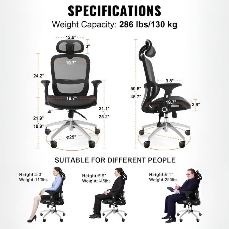 Black Mesh Ergonomic Office Chair 286 lbs Capacity w/ Headrest - N/A