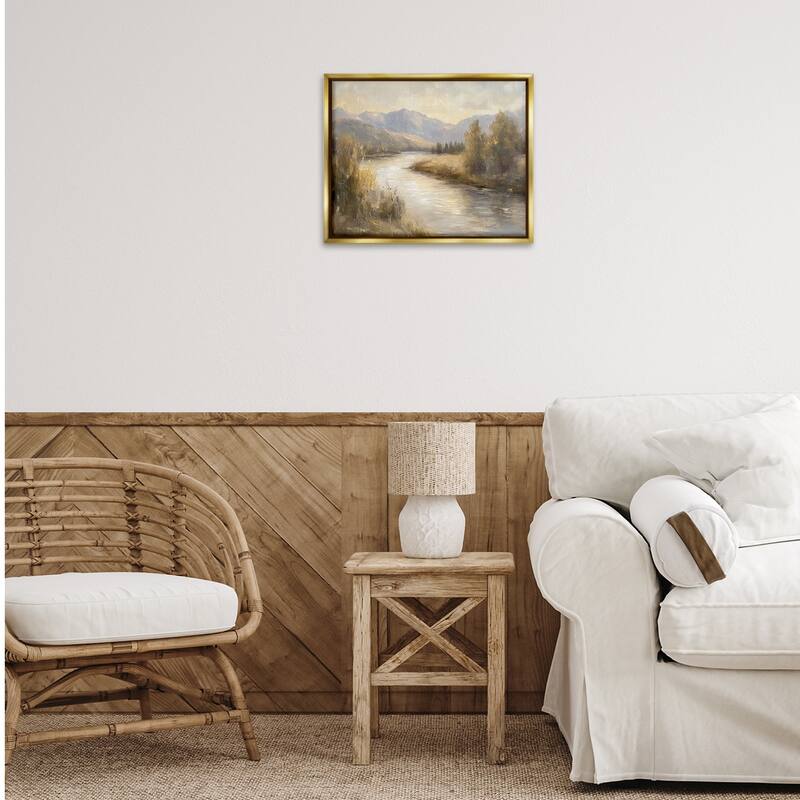 Stupell Flowing River & Distant Mountains Framed Floater Canvas Wall Art Design By Petal Prints Design