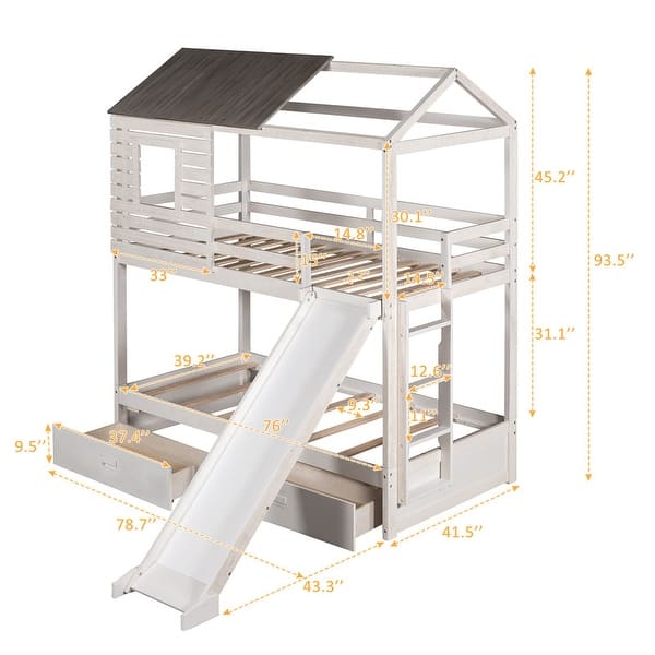 Antique White Wood Twin Over Twin Storage Bunk House Bed with 2 Drawers ...