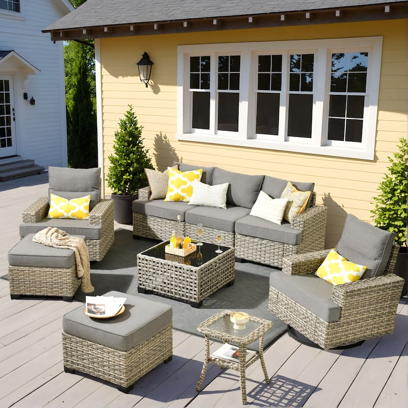 OVIOS 9 Pieces T shaped Swivel Chair Set With Solar-Powered Coffee Table - DarkGrey