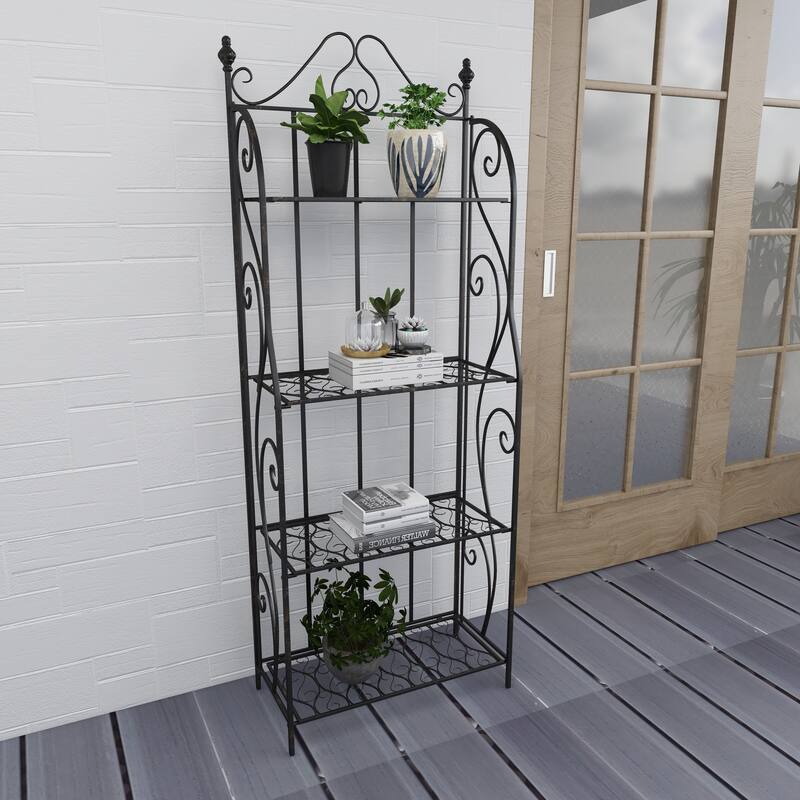 Black Metal Indoor Outdoor Tall Folding 4 Shelf Scroll Bakers Rack