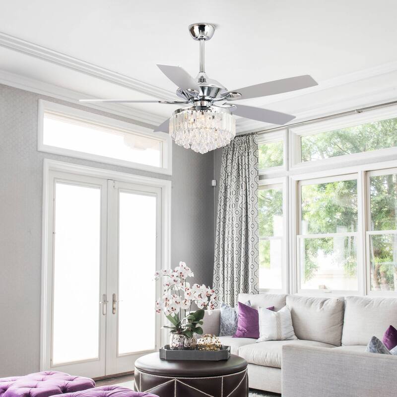 52 in. Chrome Downrod Mount Crystal Chandelier Ceiling Fan with Light and Remote Control - 52 in. W X 52 in. D X 20.5 in. H