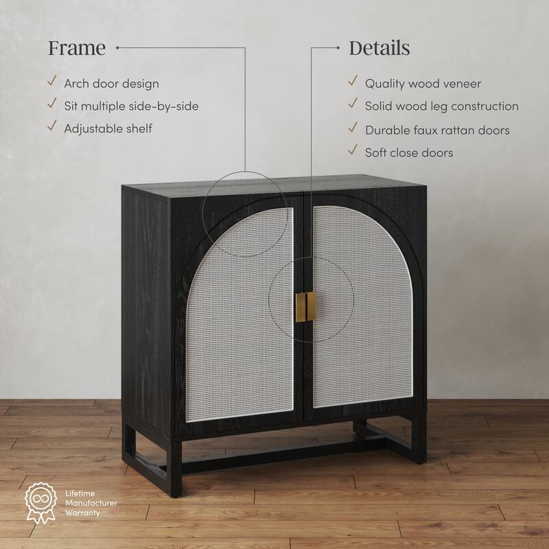 Paxton Boho Wood Storage Cabinet with Doors, Small Storage Cabinet or TV Stand with Rattan Door Details