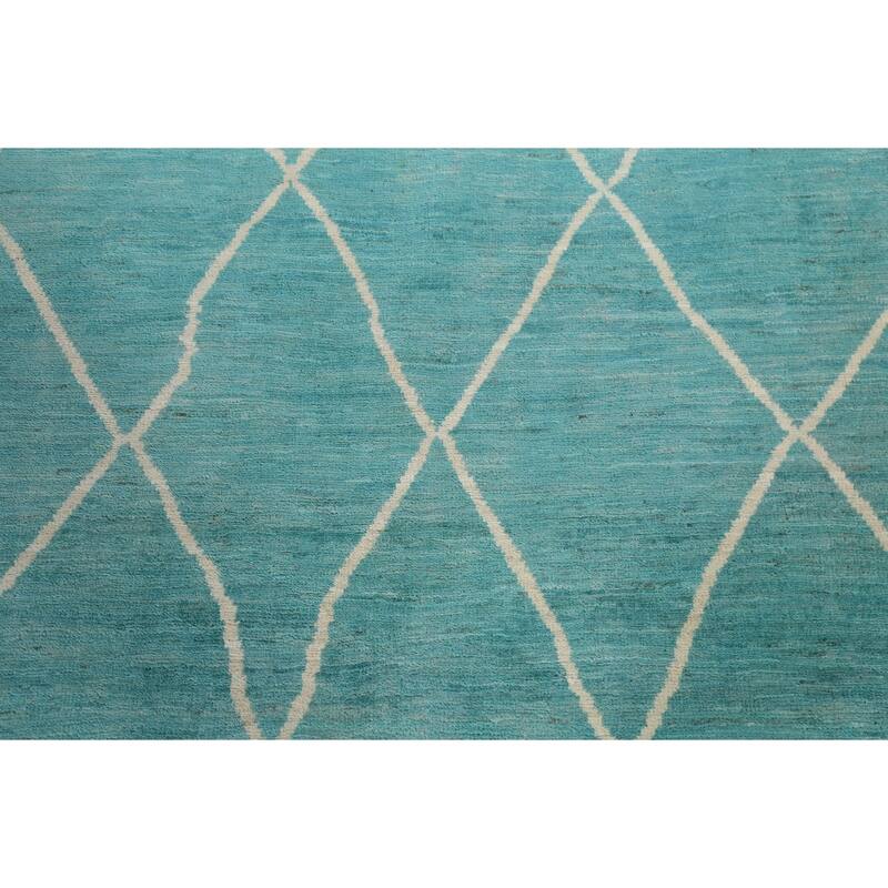 Turquoise Trellis Moroccan Vegetable Dye Area Rug Handmade Wool Carpet - 6'4" x 9'5"