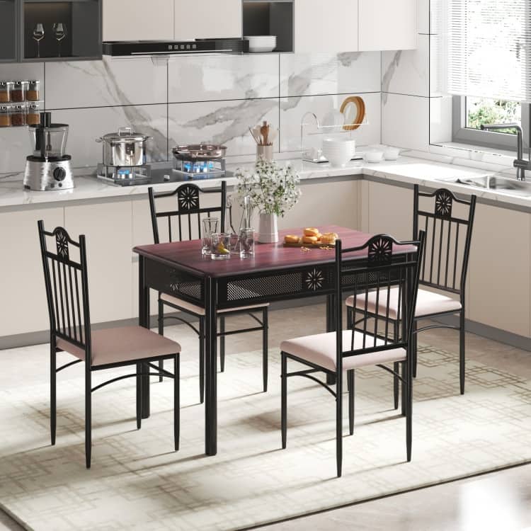 5 pcs Dining Set Wood Metal Table and 4 Chairs with Cushions