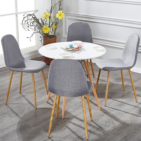 Wood Dining Table 4 Linen Fabric Backrest Chairs Set Dining Room