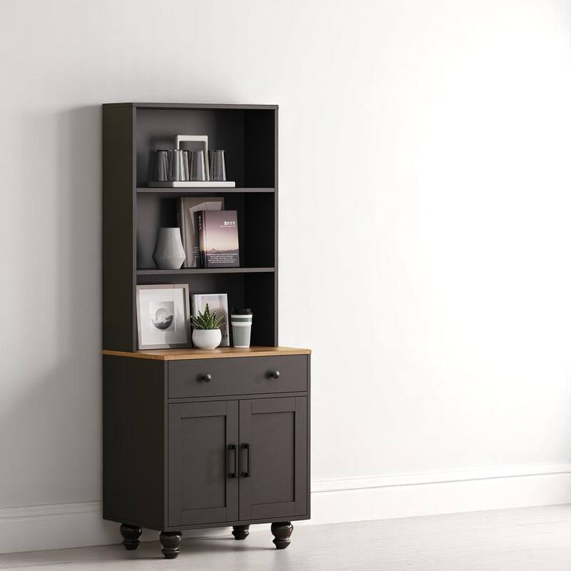 62.9" Farmhouse Kitchen Pantry Cabinet with 4 Solid Wood Legs, Open Shelves, Drawer, and Enclosed Storage Compartment