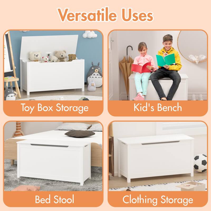 Kids Wooden Toy Box Storage with Safety Hinged Lid(White)
