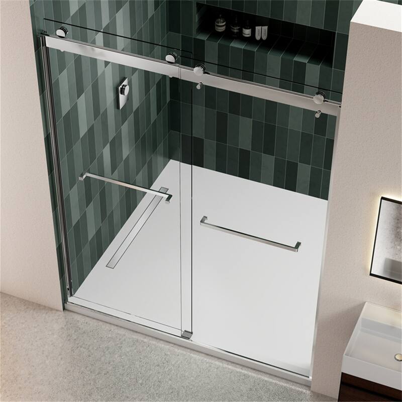 Bathroom Glass Shower Sliding Door with 5/16" Tempered Glass - Brushed Nickel